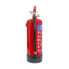 A red powder fire extinguisher with a blue label