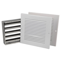 Angled view of an intumescent grille with white faceplates showing front and side sections