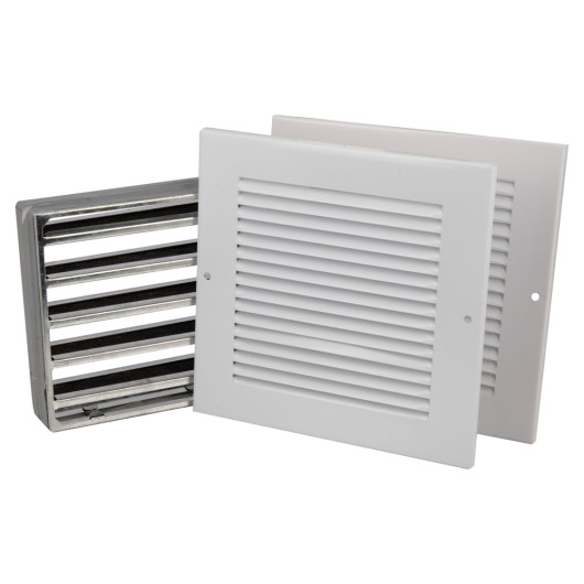 Angled view of an intumescent grille with white faceplates showing front and side sections
