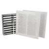 white fire rated air transfer grille 2250 showing a kit with three components including two white vent covers and a metal grille