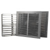 front view of silver fire rated intumescent air transfer grilles showing three rectangular metal panels with horizontal slats