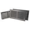 Front view of a silver fire rated intumescent air transfer grille showing its louvre design