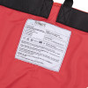Close up of promove adult sling label showing size, serial number, warnings, and care instructions on red fabric