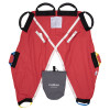 promove adult sling laid flat in red fabric with black handles and a grey carry bag on a white background