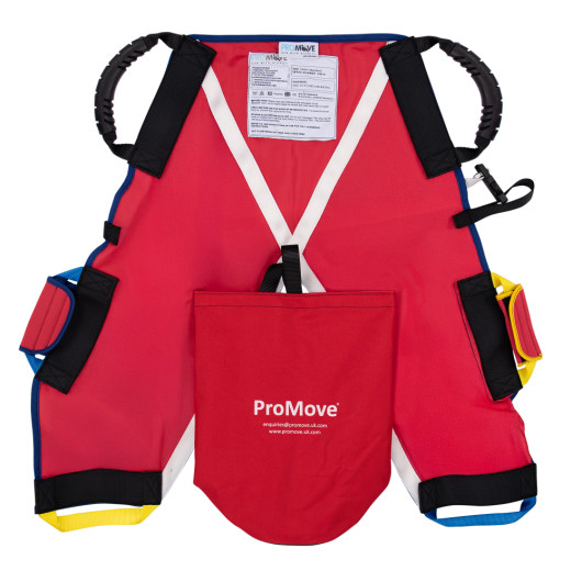 Red promove young child 1 evacuation sling front with black handles and a red storage bag attached