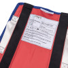 Close-up of promove young child evacuation sling with head support label showing care and size instructions