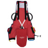 promove young child evacuation sling with head support in red with black straps and a red carrying bag