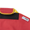 Close up of the red and black fabric with yellow trim and a label on the promove child evacuation sling leg handle