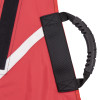 Close up of the black head support handle on the promove child evacuation sling with red fabric
