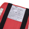 Close up of promove child evacuation sling with head support label showing size, serial number, warnings, and care instructions