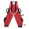 promove child evacuation sling with head support shown from the front with red fabric and black handles