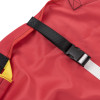 Part of the promove child evacuation sling showing a safety lap belt with black buckle on red fabric