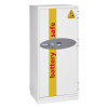 grey battery safe with key lock and door closed on a white background