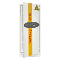 grey battery safe with key lock and door slightly open on a white background