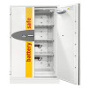 grey battery safe with one door open and shelves inside on a white background