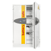 grey battery safe double doors with one open on a white background