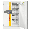 grey battery safe with one door open and shelves inside on a white background