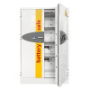 grey battery safe with yellow stripe and one door open and shelves inside