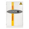 grey battery safe with both double doors closed and yellow stripe with fingerprint lock