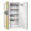 grey battery safe with yellow stripe on the door and doors open to reveal shelves inside