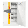 grey battery safe with one door open and yellow strip from top to bottom