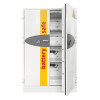 grey battery safe with handle and one door open with shelves inside