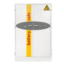 grey battery safe with double doors and key lock closed on a white background