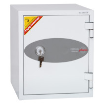 phoenix datacare 2001 safe shown from the front with a key inserted in the lock and a security sticker on the door