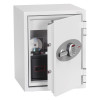 phoenix combi 2501 safe with the door open showing items inside including a small box and discs