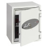 phoenix combi 2501 safe with door ajar showing keys in the lock and contents inside