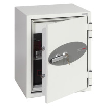 phoenix combi 2501 safe with door ajar showing keys in the lock and contents inside