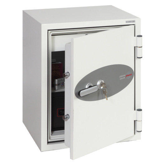phoenix combi 2501 safe with door ajar showing keys in the lock and contents inside