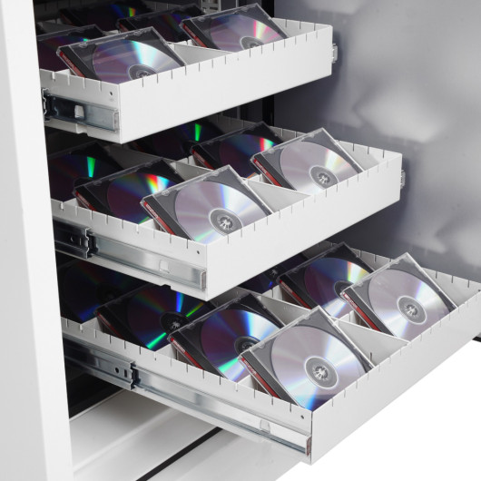 phoenix data commander 4621 safe showing the side view of its cd storage trays with multiple cds inserted