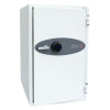 Angled view of the white phoenix data commander 4621 safe showing the handle and digital keypad