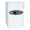 front view of phoenix data commander 4621 safe showing the white door with keypad and handle