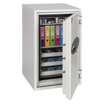 phoenix data commander 4621 safe with door open showing shelves filled with files and items inside