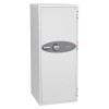 Front view of a white phoenix data commander 4622 safe with a digital lock and handle on the door