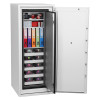 Open phoenix data commander 4622 safe showing organised shelves with files, jars, and discs inside the cabinet