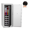 phoenix data commander 4622 safe open showing lock inset and interior with shelves holding files and discs
