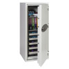 phoenix data commander 4622 safe with the door open showing folders, an electronic device, and contents inside the safe