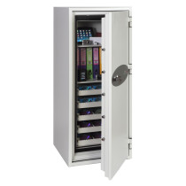 phoenix data commander 4622 safe with the door open showing folders, an electronic device, and contents inside the safe