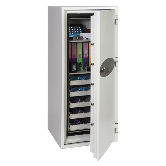 phoenix data commander 4622 safe with the door open showing folders, an electronic device, and contents inside the safe