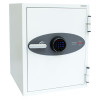 angled view of phoenix fire fighter ii 0441 safe showing keypad and handle on white body