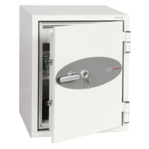 phoenix fire fighter ii 0441 safe with door opening showing keys in lock and items visible inside