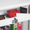 phoenix fire fighter ii 0442 safe with internal drawer open showing a red cash box, coins, documents, and keys in lock
