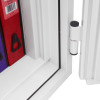 Close-up of the hinge on the phoenix fire fighter ii 0442 safe showing the white metal door frame and seal