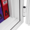 Close-up view of the hinge on the phoenix fire fighter ii 0442 safe showing part of the white frame and door