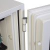Close-up of the hinge on the phoenix titan 1282 fingerprint lock showing its metal parts and white finish