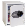 cream security safe with door open handle and keypad with valuables inside