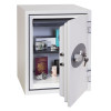 cream safe with door open, valuables inside and key in lock